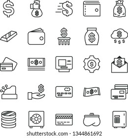 thin line vector icon set - bank card vector, purse, dollar, strongbox, cards, front of the, column coins, denomination, get a wage, wallet, money, dollars, cash, cashbox, gold bar, bag hand, rain