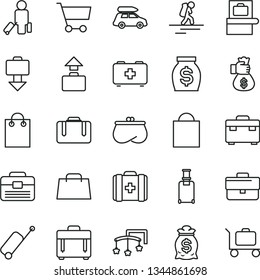 thin line vector icon set - briefcase vector, paper bag, toys over the cot, of a paramedic, medical, portfolio, suitcase, case, cart, purse, money, hand, car baggage, backpacker, passenger, rolling