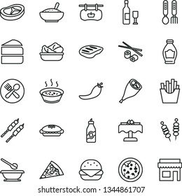 thin line vector icon set - plates and spoons vector, iron fork, fried vegetables on sticks, pizza, piece of, big burger, cake, pie, a bowl rice porridge, in saucepan, lettuce plate, bacon, chop