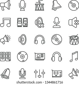 thin line vector icon set - bell vector, desktop microphone, loudspeaker, silent mode, drumroll, drum, music, CD, no sound, megaphone, pc card, headphones, speaker, note, settings