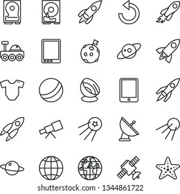 thin line vector icon set - counterclockwise vector, t short, bath ball, earth, artificial satellite, planet, rocket, space, tablet pc, hdd, telescope, antenna, saturn, lunar rover, flag on moon