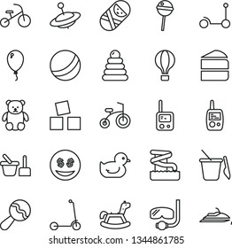 thin line vector icon set - beanbag vector, baby duckling, bath ball, stacking rings, tumbler, toy phone, mobile, sand set, children's, small teddy bear, yule, rocking horse, cubes for children, air