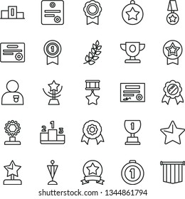 thin line vector icon set - star vector, pedestal, medal, patente, laurel branch, prize, award, cup, reward, man with, pennant, first place, hero, ribbon, certificate, flag