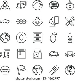 thin line vector icon set - sign of the planet vector, book, toys over cradle, cot, baby bath ball, motor vehicle, funny hairdo, small tools, sample colour, map, flag, nightstand, package, cake