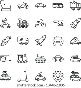 thin line vector icon set - truck lorry vector, Baby chair, motor vehicle, present, toy train, tricycle, child Kick scooter, car, delivery, eco, environmentally friendly transport, autopilot, rocket