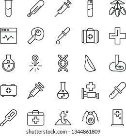 thin line vector icon set - first aid kit vector, plus, electronic thermometer e, mercury, bag of a paramedic, medical, temperature, cardiogram, garlic, goji berry, round flask, test tube, dna, room