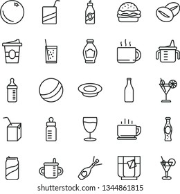 thin line vector icon set - mug for feeding vector, measuring cup, bottle, bath ball, e, packing of juice with a straw, coffee, burger, plate milk, beans, tea, coffe to go, glass soda, cocktail, can