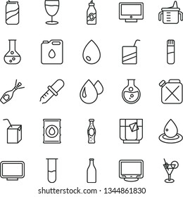 thin line vector icon set - measuring cup for feeding vector, e, packing of juice with a straw, drop, screen, glass tea, soda can, bottle, liquor, round flask, oil, canister, monitor, test tube