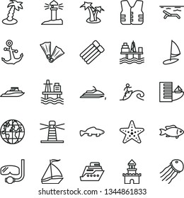 thin line vector icon set - anchor vector, small fish, sea port, commercial seaport, lighthouse, coastal, planet, sand castle, sail boat, hotel, beach, palm tree, starfish, flippers, diving mask