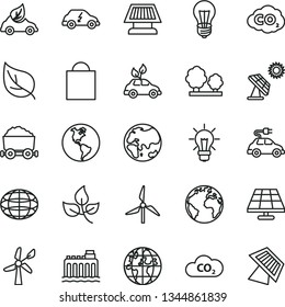 thin line vector icon set - sign of the planet vector, paper bag, solar panel, big, leaves, leaf, windmill, wind energy, Earth, bulb, hydroelectricity, trees, eco car, electric, CO2, carbon dyoxide