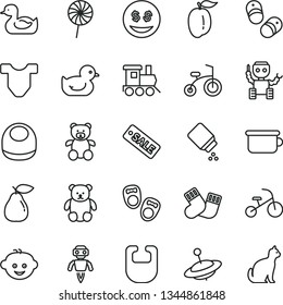 thin line vector icon set - baby powder vector, bib, Child T shirt, rubber duck, duckling, warm socks, children's potty, teddy bear, small, hairdo, toy train, yule, bicycle, tricycle, lollipop, pear