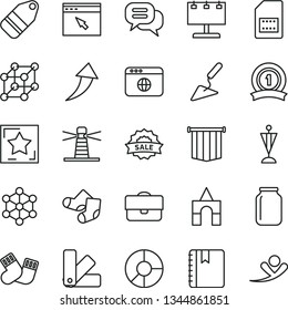 thin line vector icon set - warm socks vector, Knitted, box of bricks, building trowel, color samples, notebook, label, SIM card, jar, lighthouse, billboard with illumination, portfolio, sale, star
