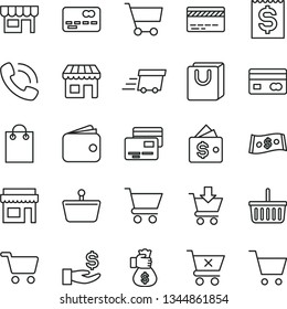 thin line vector icon set - grocery basket vector, bank card, cart, put in, crossed, bag with handles, cards, kiosk, shopping, reverse side of a, front the, financial item, get wage, wallet, dollar