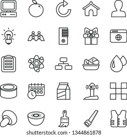 thin line vector icon set - woman vector, clockwise, arm saw, wooden paint brush, tile, flowchart, package, canned goods, porcini, lettuce in a plate, kiwi, delicious apple, drop, coastal lighthouse