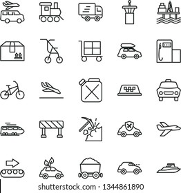 thin line vector icon set - cargo trolley vector, sitting stroller, baby toy train, traffic signal, car, cardboard box, commercial seaport, coal mining, modern gas station, production conveyor, with