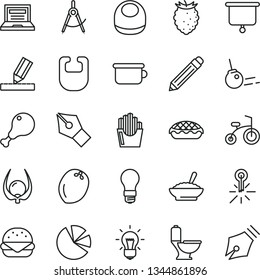 thin line vector icon set - laptop vector, graphite pencil, bib, baby, children's potty, child bicycle, toilet, drawing, core, big burger, apple pie, a bowl of buckwheat porridge, chicken leg