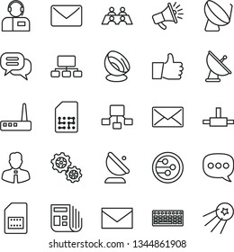 thin line vector icon set - envelope vector, employee, thumb up, operator, gears, satellite dish, antenna, SIM card, scheme, hierarchical, horn, morning paper, speech, conversation, keyboard, router