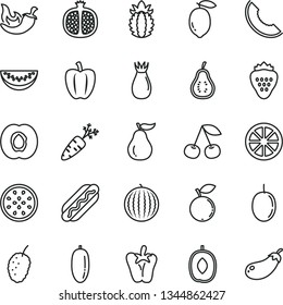 thin line vector icon set - Hot Dog vector, chili, peper, strawberry, cherry, half apricot, pomegranate, rose hip, blueberry, tasty mulberry, water melon, slice of, delicious plum, date fruit, lemon
