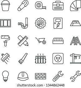 thin line vector icon set - paint roller vector, safety pin, crane, brickwork, building trolley, window frame, arm saw, measuring tape, bucket, sample of colour, ladder, portfolio, siphon, bulb