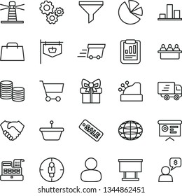thin line vector icon set - cart vector, pan, vintage sign, lighthouse, court hearing, billboard, filter, man, goal woman, gears, globe, coins, chart, statistical report, hand shake, pie charts, bag