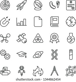 thin line vector icon set - printer vector, file, flask, test tube, molecule, nuclear, dna, brain, gears, satellite, bactery, book, magnet, flame, graduate hat, drawing compass, growth graph, radar