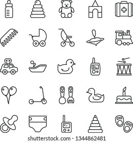 thin line vector icon set - dummy vector, feeding bottle, diaper, baby stroller, summer, rubber duck, duckling, children's bathroom, comb, stacking rings, toy, medical bag, motor vehicle present
