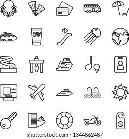 thin line vector icon set - earth vector, train, bus, motorcycle, escalator, security gate, plane, atm, credit card, hotel, arnchair under umbrella, sun, uv cream, hawaii wreath, pool, aquapark, key