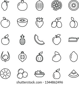 thin line vector icon set - cake slice vector, a plate of fruit, pineapple, apple, pomegranate, apricot, red, strawberry, half medlar, blueberries, tasty cornels, melon, mango, yellow lemon, lime
