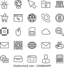 thin line vector icon set - laptop vector, envelope, zoom out, upload folder, drawer, put in cart, SIM card, woman, globe, planet, dollar, phone call, radiator fan, mouse, cpu, printer, browser