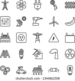 thin line vector icon set - cordless drill vector, ladder, power socket type b, new radiator, regulator, banana, marine propeller, big solar panel, coal mining, windmill, manufacture, accumulator