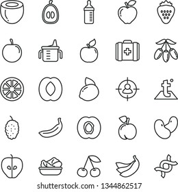 thin line vector icon set - measuring cup for feeding vector, bottle, medical bag, temperature, lettuce in a plate, strawberry, cherry, peach, half apricot, red apple, tasty, mulberry, goji berry