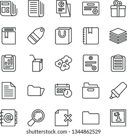 thin line vector icon set - scribbled paper vector, book, packing of juice with a straw, notebook, pile, folder, address, delete page, bag handles, gift, label, popcorn, magnifier, text highlighter