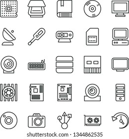 thin line vector icon set - camera vector, monitor window, electronic thermometer e, lens, processor, satellite antenna, SIM card, computer, radiator fan, keyboard, pc tower, motherboard, gpu, web