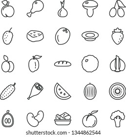 thin line vector icon set - loaf vector, mushroom, lettuce in a plate, of milk, chicken leg, grill, cabbage, piece meat, cucumber, apple, orange slice, peach, ripe, raspberry, cornels, melon, plum