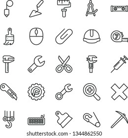 thin line vector icon set - paint roller vector, repair key, scissors, zoom, cross, open pin, winch hook, building trowel, long meashuring tape, wooden brush, level, construction helmet, plummet