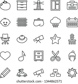 thin line vector icon set - heart symbol vector, scissors, hat, bedside table, storage unit, cloud, children's hairdo, winter, window, portfolio, star, flowchart, tomato, weaving, electric car, note