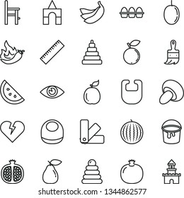 thin line vector icon set - yardstick vector, bib, baby, stacking rings, toy, a chair for feeding, box of bricks, paint bucket, color samples, wooden brush, broken heart, eye, bundle eggs, porcini