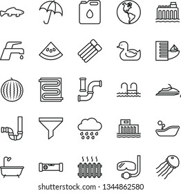 thin line vector icon set - rubber duck vector, children's bathroom, rainy cloud, bath, siphon, construction level, heating coil, faucet mixer, umbrella, small fish, water melon, slice of, pipes