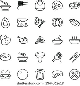 thin line vector icon set - baby bib vector, deep plate with a spoon, plates and spoons, stick of sausage, piece cheese, pizza, big burger, spaghetti, noodles, mushroom, bowl buckwheat porridge, hot