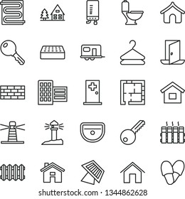 thin line vector icon set - house vector, dwelling, brickwork, sink, toilet, laying out, key, city block, brick, heating coil, radiator, new, electronic boiler, home, hanger, lighthouse, coastal