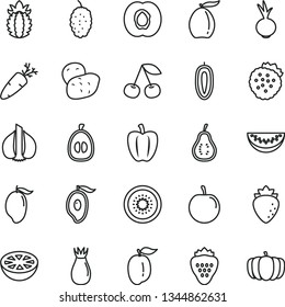 thin line vector icon set - beet vector, carrot, strawberry, strawberries, cherry, half apricot, raspberry, rose hip, mulberry, mango, of, loquat, water melon slice, ripe plum, tasty, kiwi, garlic