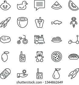 thin line vector icon set - image of thought vector, baby duckling, tumbler, toy phone, mobile, teddy bear, funny hairdo, children's train, child bicycle, Kick scooter, pizza, onion, apple pie
