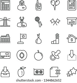thin line vector icon set - dummy vector, toy mobile phone, colored air balloons, put in a box, delete page, move down, plum, ripe, tasty, onion, hydroelectricity, lighthouse, front of the bank card