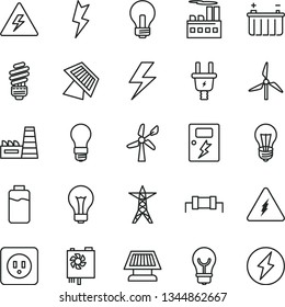 thin line vector icon set - lightning vector, danger of electricity, matte light bulb, incandescent lamp, saving, power socket type b, dangers, charge level, windmill, wind energy, battery, line