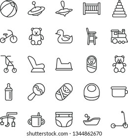 thin line vector icon set - baby cot vector, toys over the cradle, mug for feeding, measuring bottle, nappy, bib, beanbag, car child seat, sitting stroller, rubber duck, bath ball, stacking toy, a