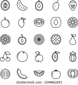 thin line vector icon set - strawberry vector, pear, cherry, peach, tasty mulberry, water melon, slice of, mango, half, delicious plum, tangerine, juicy lemon, passion fruit, orange, ripe pineapple
