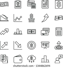 thin line vector icon set - growth up vector, bar chart, graph, negative, calculation, cards, recession, statistical report, overview, financial item, wallet, dollar, research, calculator, arrow