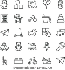 thin line vector icon set - paper airplane vector, toys over the cot, new abacus, beanbag, baby duckling, stacking rings, motor vehicle present, roly poly doll, toy phone, sand set, children's