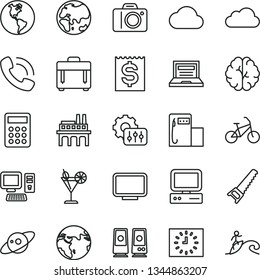 thin line vector icon set - laptop vector, camera, hand saw, case, cocktail, modern gas station, planet, Earth, industrial enterprise, financial item, black clock, phone call, calculator, computer