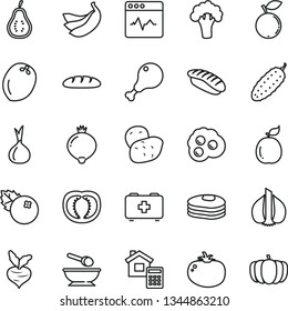 thin line vector icon set - bag of a paramedic vector, deep plate with spoon, estimate, cardiogram, loaf, chicken leg, cucumber, tomato, japanese sushi, omelette, blueberries, pancakes, medlar, part